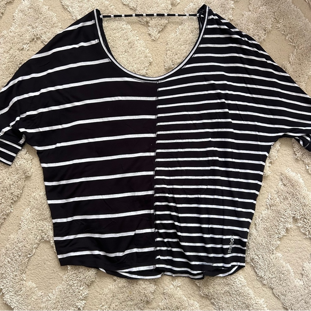 Reebok Black and White Striped Short Sleeve Tee